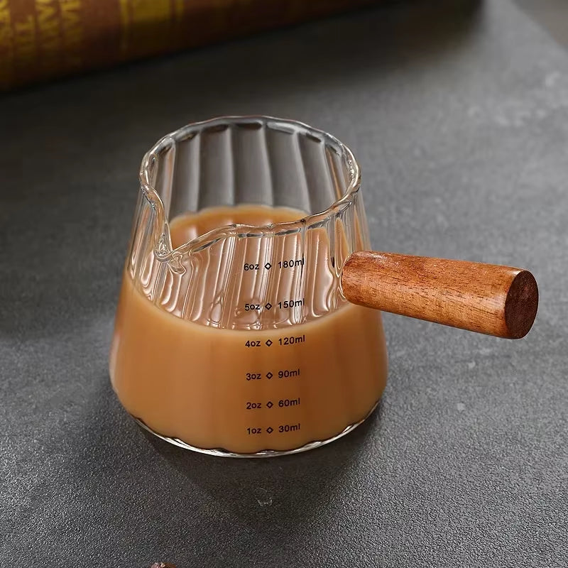 180ML Coffee Measuring Cup with Wood Handl Italian Coffee Extraction Cup Milk Glass Container with Scale Coffee Accessories